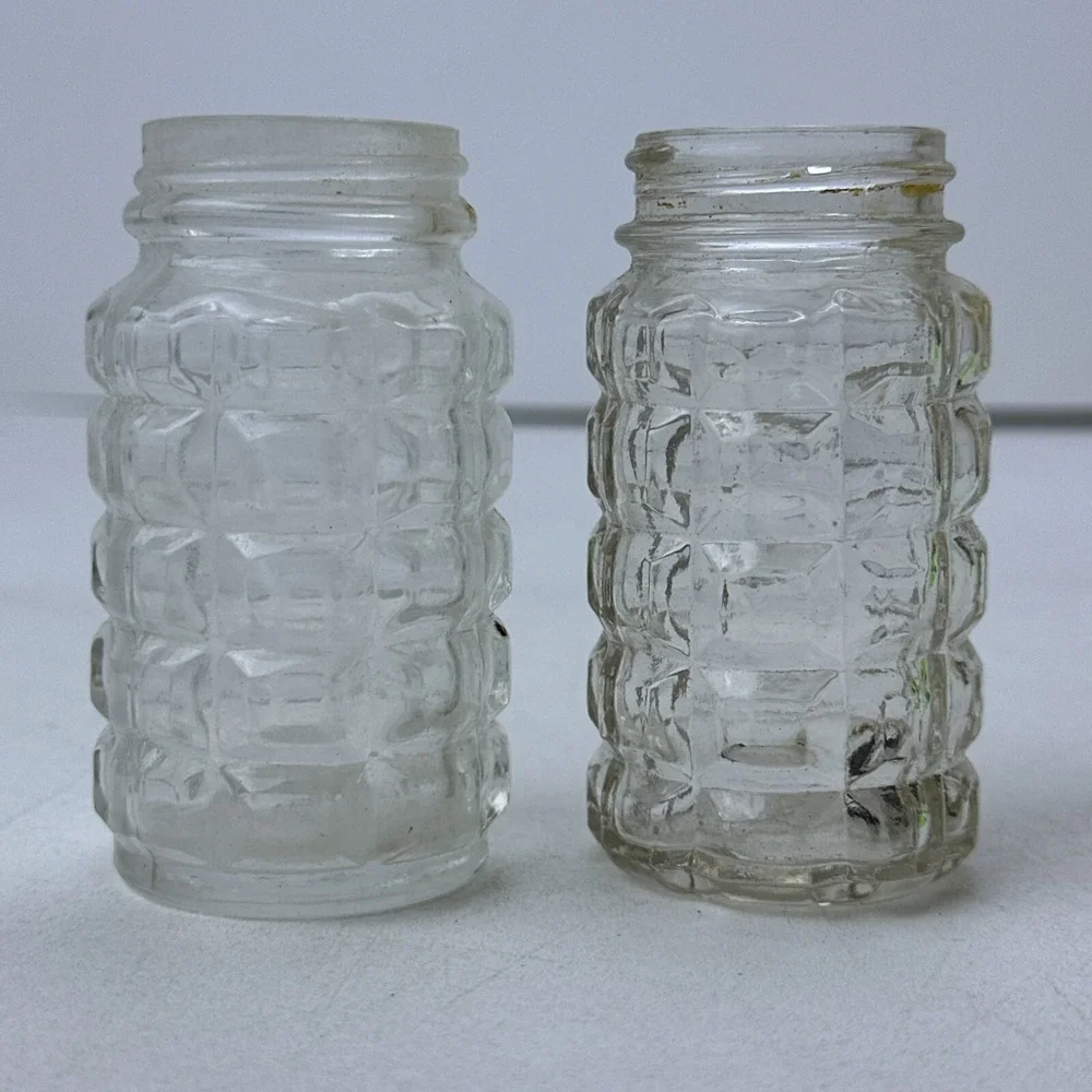 Vintage Salt Pepper Shakers Clear Glass Barrel No Lid Hazel Atlas Anchor Hocking